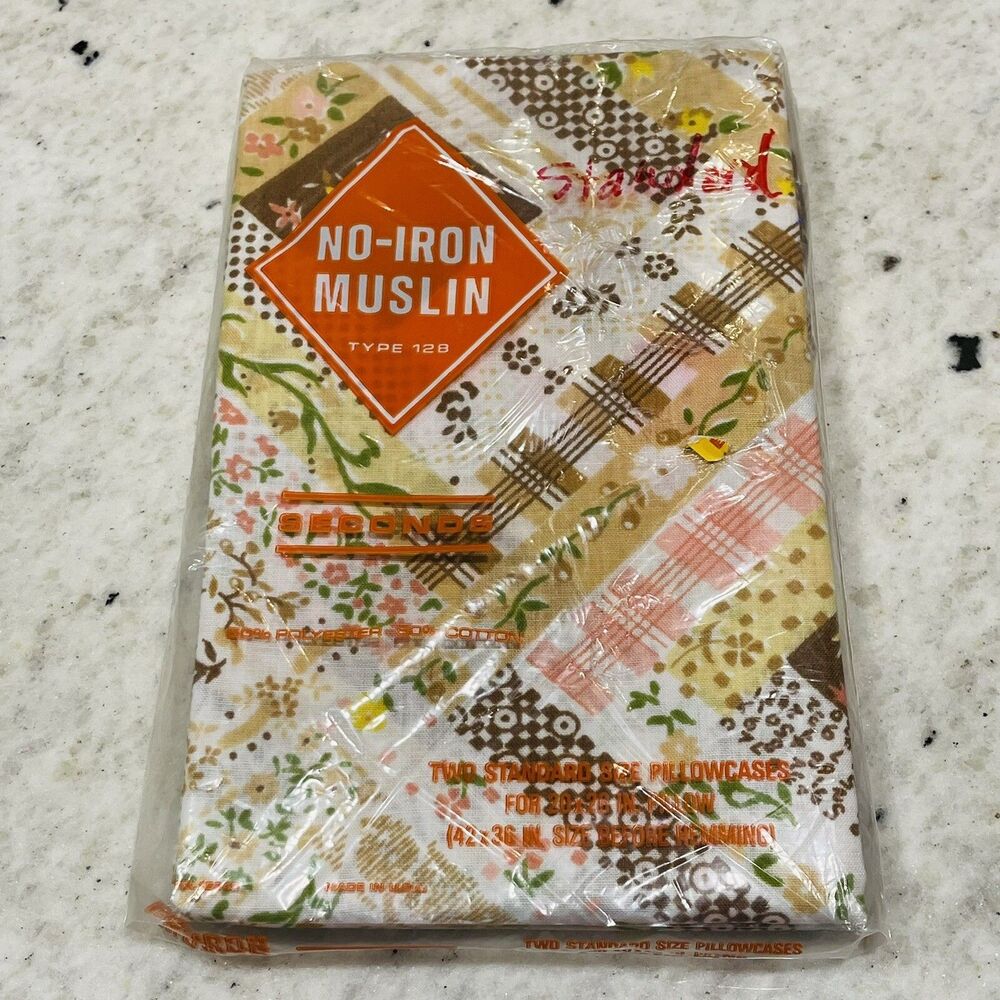 New Vintage Burlington 2 standard pillowcases No Iron brown floral quilt pattern